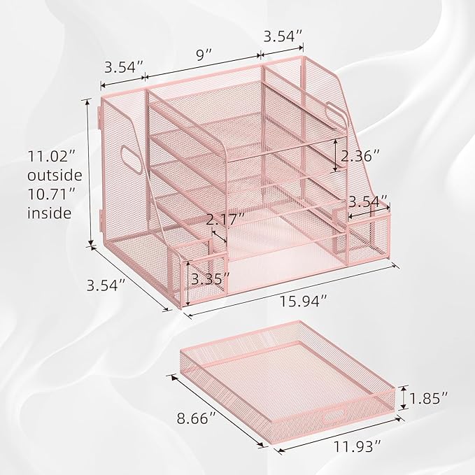 SUPEASY Mesh Desk Organizer with File Holder, 5-Tier Paper Letter Tray Organizer with Magazine Holder, Desktop Organizer and Storage with Drawer for Office Supplies Home or School (2Pack-Pink)