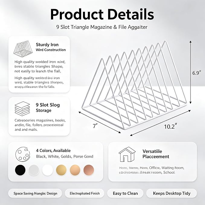 Sooyee 9 Slot Metal Record Holder Storage,White | Magazine Holder, Book Album Display Rack, Desktop File Sorter Organizer, Triangle Bookshelf Decor for Home Office