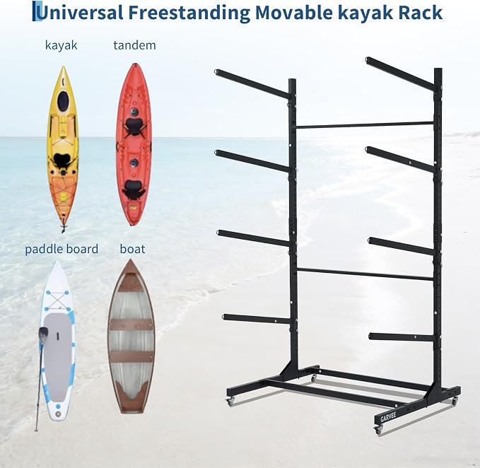 Freestanding Kayak Storage Rack with Wheels, Adjustable Kayak Racks for Garage and Outdoor, Heavy Duty Kayak Stands for Canoes, Kayaks, SUP and Surfboards