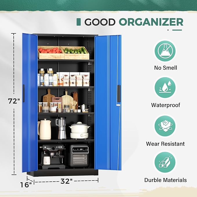 Greenvelly Metal Garage Storage Cabinet, 72" Tall Steel Storage Cabinets with 2 Doors and 4 Adjustable Shelves, Metal Tool Cabinets, Locking File Cabinet for Home Office, Garage, School (Black Blue)