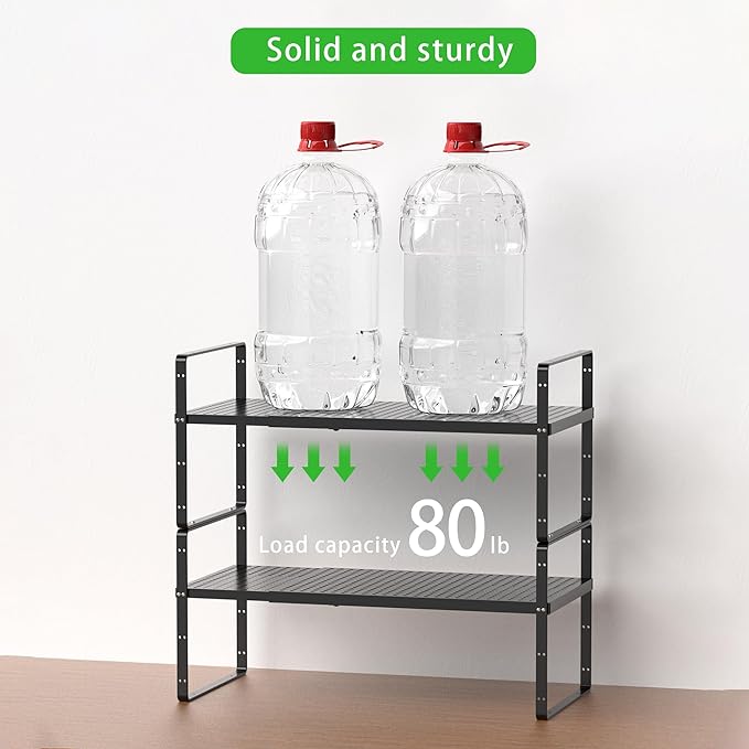 Expandable Cabinet Storage Shelf Stackable Organizer Rack for Kitchen Bathroom Pantry Spice Cupboard Coffee Countertop Home Office Desk Heavy Duty Nonslip Black Large 3 Packs