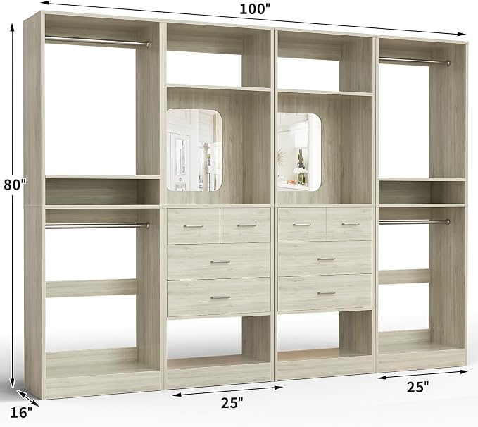 Unikito 100" Closet System with Drawers, 8.3FT Wood Closet Organizer with Hanging Rods, Mirror and Shelves, Large Walk-In Closet Organization Towers, White Oak