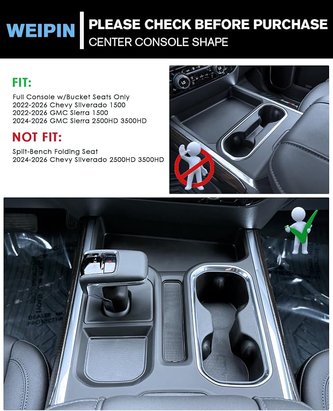 For 2PCS Center Console&Armrest Cup Holder Inserts Compatible with Refreshed Models 2022-2026 Chevy Silverado& GMC Sierra 1500 - Full Console w/Bucket Seats Only