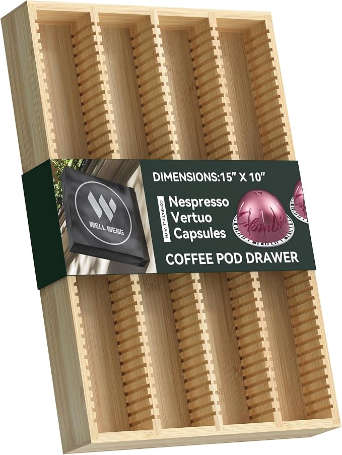 for Nespresso Vertuo Capsules Bamboo Coffee Pod Drawer Organizer | 15"Dx10"Wx1.5"H 40 Big or 52 Small Pods Holder for Counter