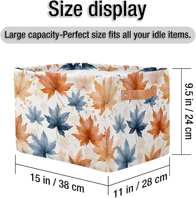 Rectangular Storage Bins Blue Orange Maple Leaves Collapsible Fabric Storage Basket Organizer with Handles for Nursery Bedroom Bathroom