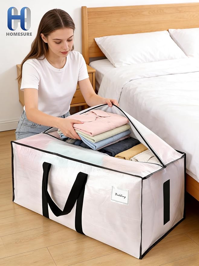 80 Pack Large Strong Moving Bags with Zippers & Carrying Handles - Water-Resistant - Heavy Duty Storage Tote for Space Saving, Fold Flat, Alternative to Moving Box (Semi-Transparent)