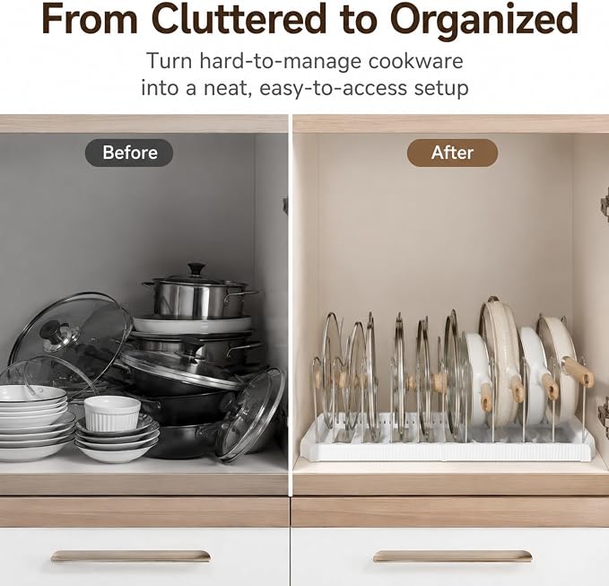 Pots and Pans Organizer Under Cabinet, Adjustable Pot and Pan Organizer Rack, 7 Stainless Steel Dividers, Pot Lid Organizer for Cabinet, Expandable Pan Organizer for Pots, Pans, Lids, Plates White