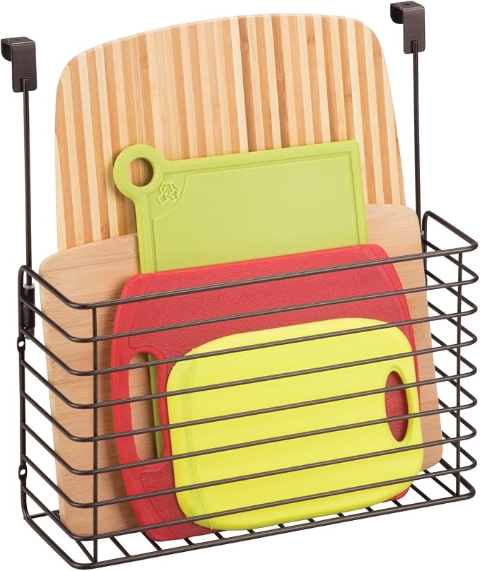 mDesign Over The Cupboard Hanging Storage Basket – Metal Bakeware Organiser and Cutting Board Holder – Excellent Kitchen Storage Solution – Bronze