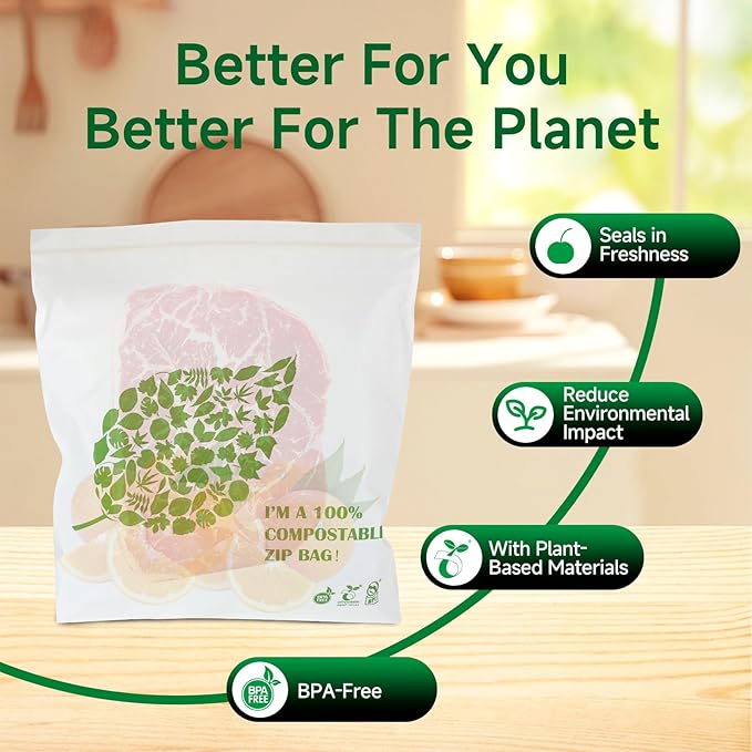 Compostable Gallon Size Food Storage Bags Freezer and Leak Proof, (25 Eco Zip) Seal well for Fruit,Food and Vegetable Plant-Based BPA-free (25)
