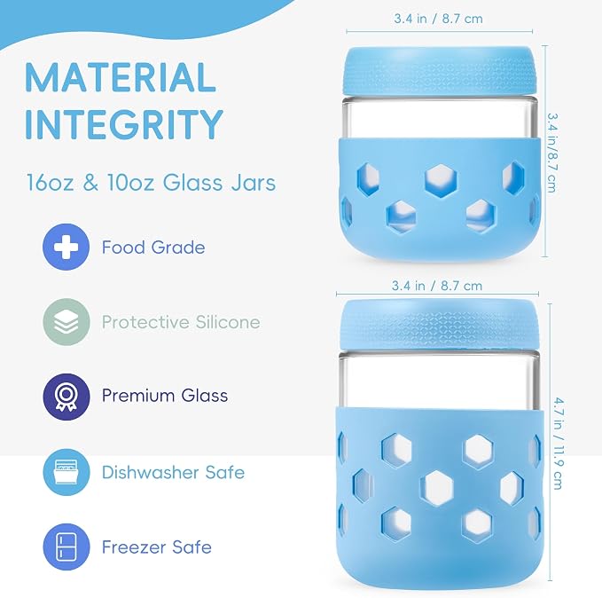 Gemice 8-Pack 16 oz & 10 oz Glass Mason Jars with Silicone Sleeves, Airtight BPA-Free Overnight Oats Containers with Lids, Dishwasher Safe Leak-Proof Meal Prep Jars for Chia Pudding, Yogurt, Snacks