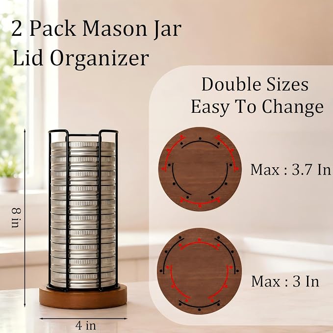 2 Pack Mason Jar Lid Organizer, Adjustable Cup Lid Holder for Cabinet & Countertop, Detachable Lid Storage Rack for Stanley, YETI, Simple Modern and Water Bottle Lids