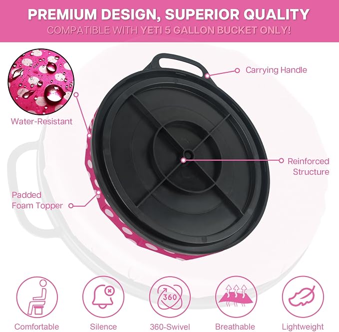 5 Gallon Bucket Seat with Swivel Lid, Padded Top for Cozy Sitting, Outdoor Fishing, Hunting, Gardening, Baseball Training, Pink