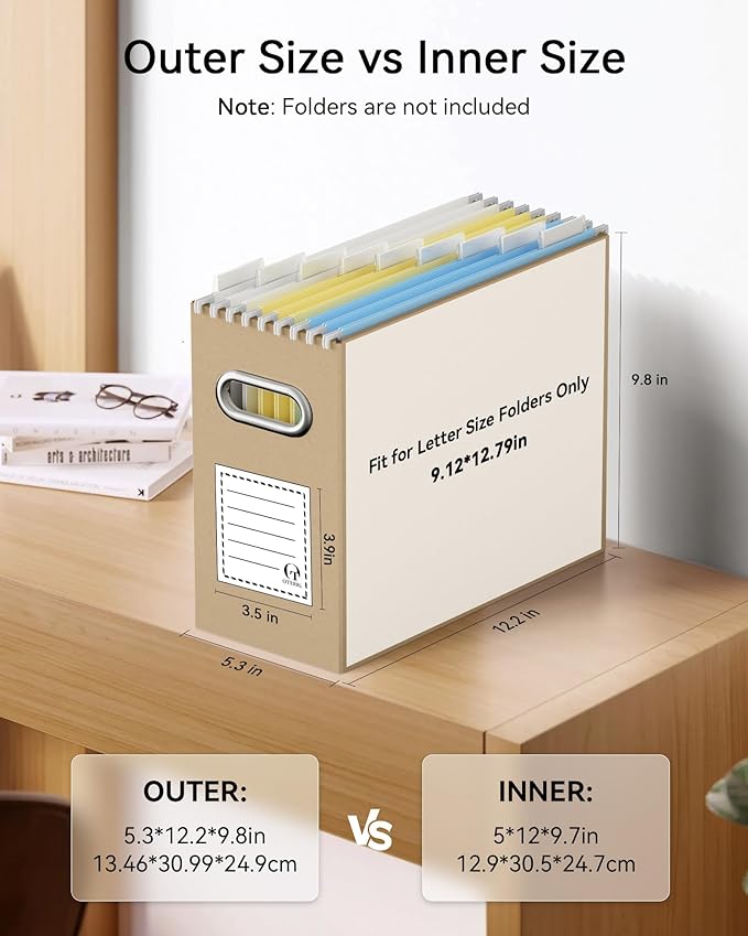 Oterri File Organizer Box, Portable Collapsible Cardboard File Folder Organizer with Handle for Letter Size Hanging Files, Document Storage Box for Home Office & Classroom (2 Packs, Brown)