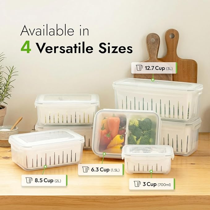 carrotez 6.3 Cup Produce Saver Container for Fridge with Colander - 1.5L | Airtight Fruit & Vegetable Storage Bin, Removable Strainer Basket, BPA-Free, Stackable, White Colander