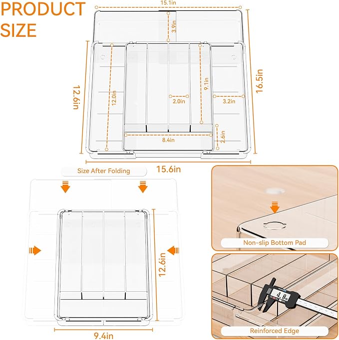 Yieach Acrylic Clear Expandable Kitchen Utensil Drawer Organizer and Silverware Organizer,BPA FREE Adjustable Silverware Tray for Drawer Cutlery,Spatula,Tools,Flatware Organizers,Fork and Spoon Holder