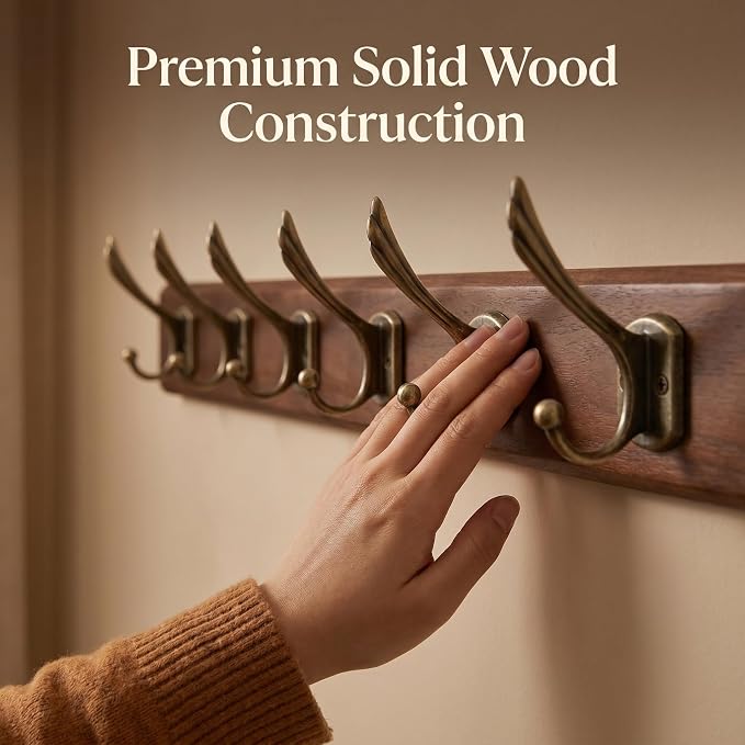 Wall Mounted Coat Rack with Solid Wood, 6 Bronze Metal Hooks – 23.22 Inch Rustic Brown Entryway Organizer for Hanging Coats, Hats, Jackets, Scarves, Bags, for Hallway, Bedroom, Bathroom（6Hooks）