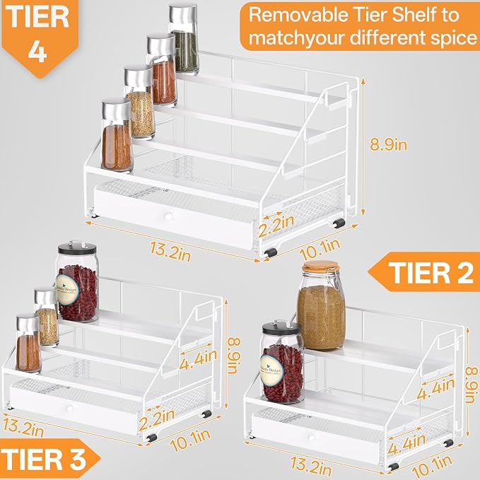 DTUQYX Spice Rack Organizer for Cabinet: 4 Tier Spice Organization with Drawer, Depth Adjustable Metal Shelf for Kitchen Countertop, Cupboard, Pantry, Holds Seasoning and Condiments (White)