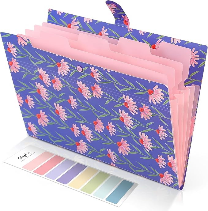SKYDUE Accordion File Organizer, Floral Expanding File Folders with 5 Pockets, Cute Document Organizer for Paper Storage, School Office & Hospital Supplies Letter/A4 Size Periwinkle Blue