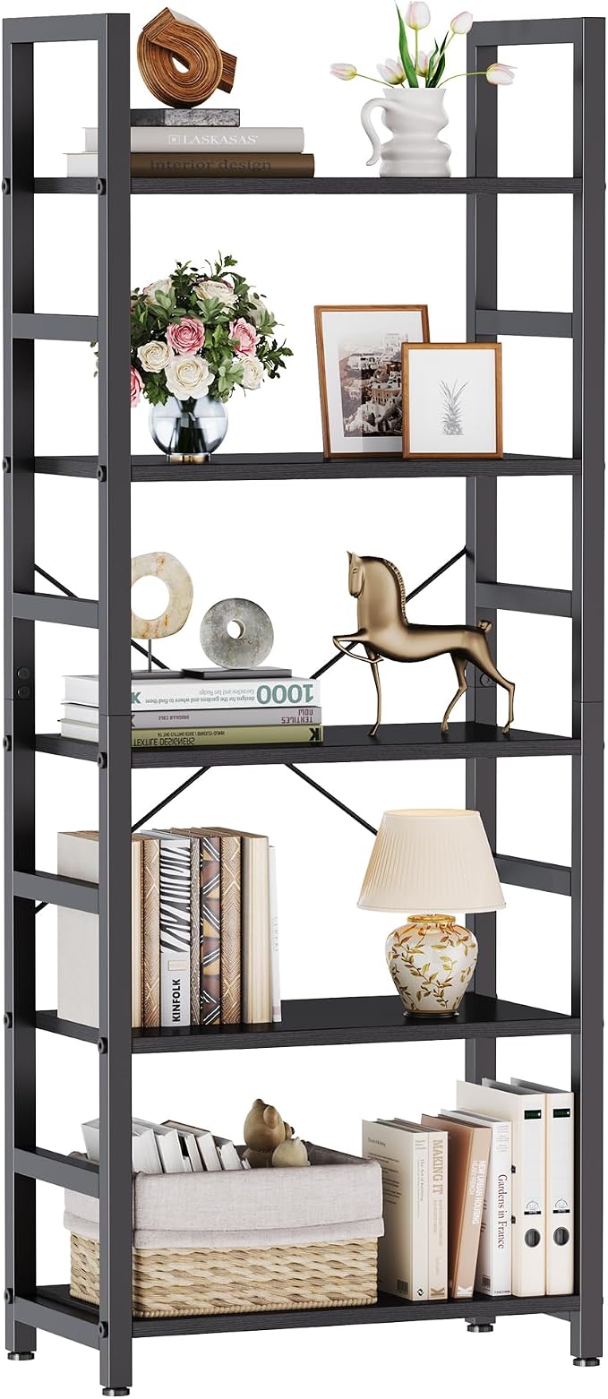 DUMOS 5-Tier Bookshelf, Modern Tall Bookcase Book Shelf | Open Storage Display Shelf for Living Room, Bedroom, Home Office, Narrow Standing Shelving Unit for Books, CDs, Décor Black