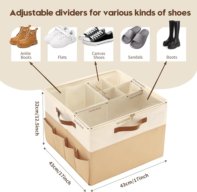 Varhomax Shoe Organizer Box for Closet, Fabric Shoe Storage Bin with Adjustable Dividers & Clear Cover, Holds up 16-32 Pairs of Sneakers & Sandals for Entryway, Cubby