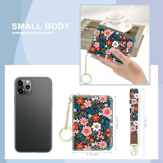 Aiawoxc Credit Card Holder, Small RFID Wallet Slim Leather Card Organizer Case with Zipper and Wristlet Strap, Cute Flowers