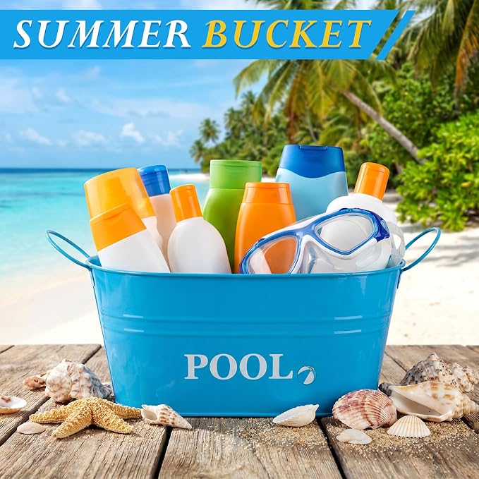 Blulu Pool Storage Bucket Metal Poolside Basket Above Ground Pool Bin Summer Basket Outdoor Storage for Sunscreen Goggles Flip Flop Spf Swimming Camping Beach Accessories Decor(Blue)
