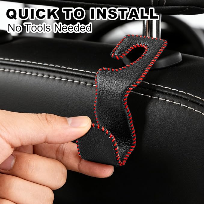 EldHus Car Seat Hooks for Purses and Bags, 4 Pack Car Purse Holder for Grocery Bag Handbag Clothes, Metal Headrest Hooks Covered by Leather, Black Red