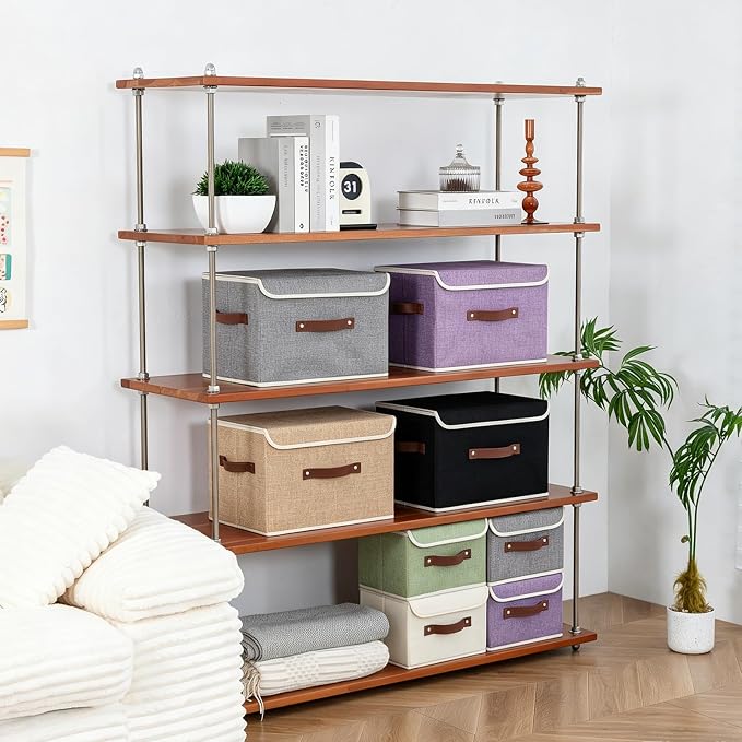 Collapsible Storage Boxes Baskets with Lid Cotton Linen Fabric Storage Bins with Faux Leather Handles Decorative Washable Cube Organizer Container for Home Closet Bedroom (Linen, Large Size)