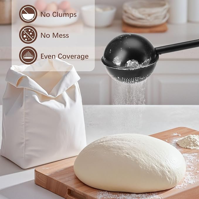 HULISEN Flour Duster, 304 Stainless Steel Flour Sifter for Baking, Black | Spring-Press Handle, Dishwasher Safe, For Flour, Powdered Sugar, Fine Spices, Pick Up and Dust Flour Sifter, Gift Package