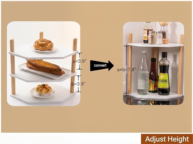 3-Tier Expandable Bamboo Corner Shelf - Dish/Plate Organizer for Cabinet, Kitchen Counter Shelf & Small Kitchen Shelf, Adjustable (White, 1-Pc 3.90" H)