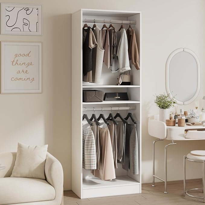 VOWNER 25'' Freestanding Closet System Walk-in Wardrobe Closet Tower | White Shelves with 2 Hanging Rods, Modular Expandable Open Closet Organizers, Clothes Garment Rack for Small Closet