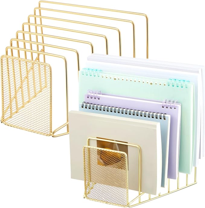 2 Pcs 7 Section Wire File Organizer for Desk, Metal Mesh Incline File Holder, Letter & Magazine Folder Rack, Desktop Paper Sorter for Home Office Back to School (Golden)