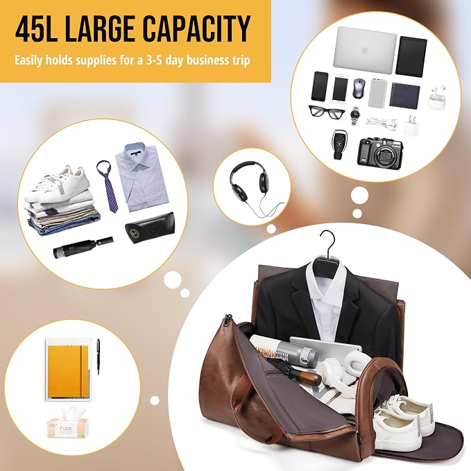 Convertible Garment Bag, Brown | 2-in-1 Hanging Suitcase, Carry on Garment Duffel, Shoulder Strap, Shoe Compartment, Men's Women's Travel