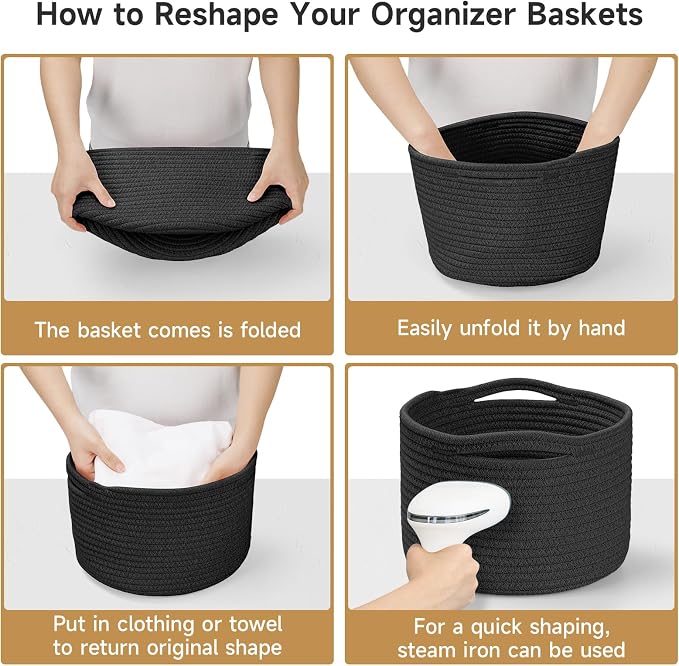 Small Rope Baskets for Storage, Baskets for Gifts Empty, Cute Round Woven Basket, Decorative Shelf Baskets 9.82×9.82×7.1", Cotton Toy Basket Storage Bins for Organizer-Black