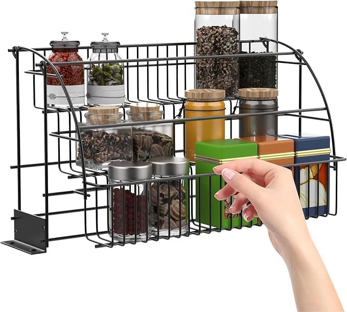 3-Tier Pull Down Spice Rack Organizer, 14.6 * 7.9 * 7.9in 11 lbs Load Capacity Pull Out Spice Organizer Shelf for Inside Cabinet Pantry Expandable Display Riser Shelf Kitchen Seasoning Shelf
