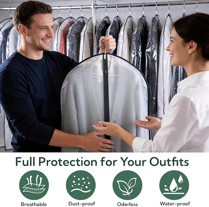 24 Pack Garment Bags for Hanging Clothes, 40" Clear PEVA Garment Bags with Zipper, Dustproof Clothes Covers for Suits, Shirts, Jackets and Dresses, Reusable Hanging Garment Bags for Closet Storage