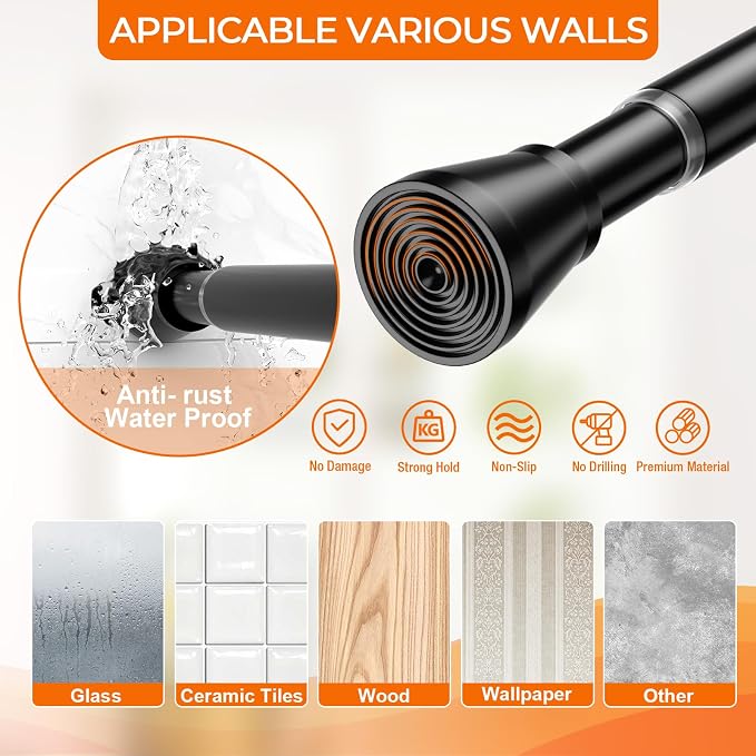 2Pack Spring Tension Curtain Rod 45 to 76 Inch 7/8" Diameter Adjustable No Drilling Black Shower Curtain Rods for Window Doorway Closet Door Kitchen Bathroom