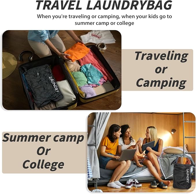 Compression Travel Laundry Bag for Dirty Clothes, Pump-Free Laundry Bag for Suitcase & Dorm, Waterproof Wet Dry Clothes Organizer, Large Capacity Space Saving Travel Bag (1 Pcs) Black
