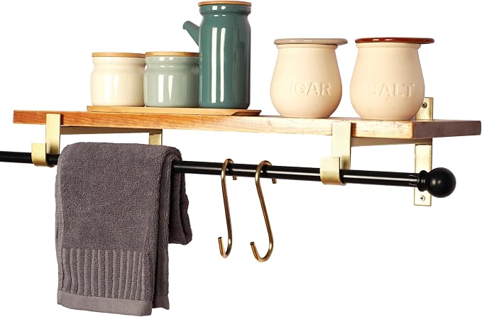 AddGrace Closet Rod Bracket Heavy Duty Shelf Brackets Gold 12 Inch 4 Pack | Fit for Closet Wardrobe Laundry Room and Kitchen, with Hook, Store Above and Hang Below, Supports 66 lbs, Easy to Install