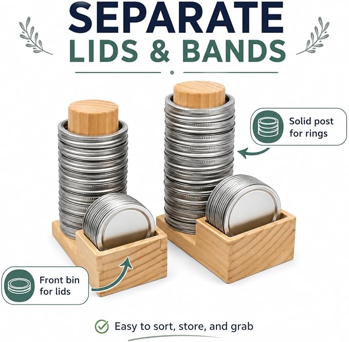 Mason Jar Lid Organizer, 2 Pack Wood Holder for Regular & Wide Mouth | Solid Pine Wood, 2-Pack Set, Regular & Wide Mouth, Holds 26 Rings & 44 Lids, Space-Saving Storage