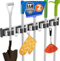 reliahom Broom Holder Wall Mount Mop Hanger Tools organizer 5Racks4Hooks,2P | Adjustable Mop Broom Wall Hanging Heavy Duty Tools Storage Rack Space-saving for Garage,Kitchen,Laundry Room,Garden, Black