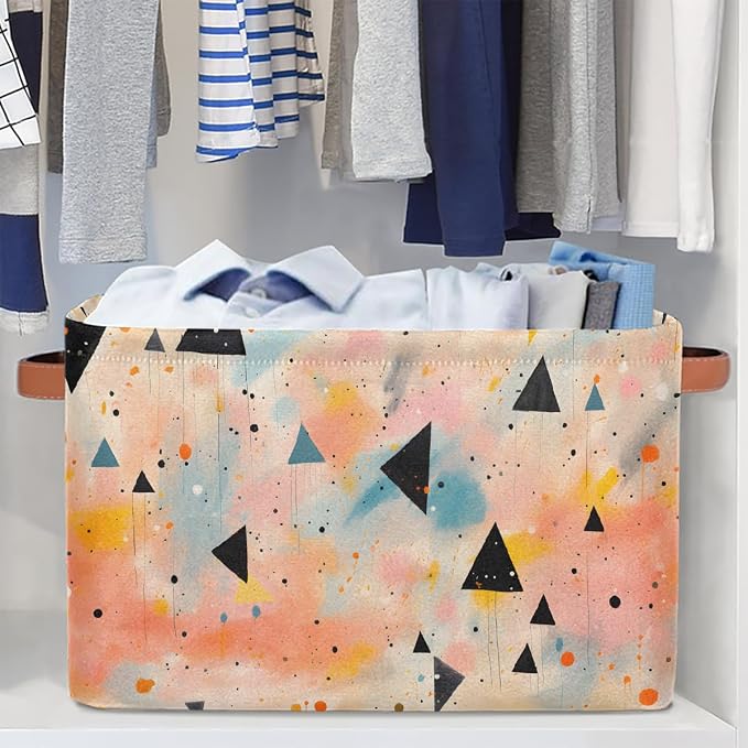 Rectangular Storage Baskets Abstract Colored Triangle Fabric Storage Bin Toy Organizer Box with PU Leather Handles for Room Decor