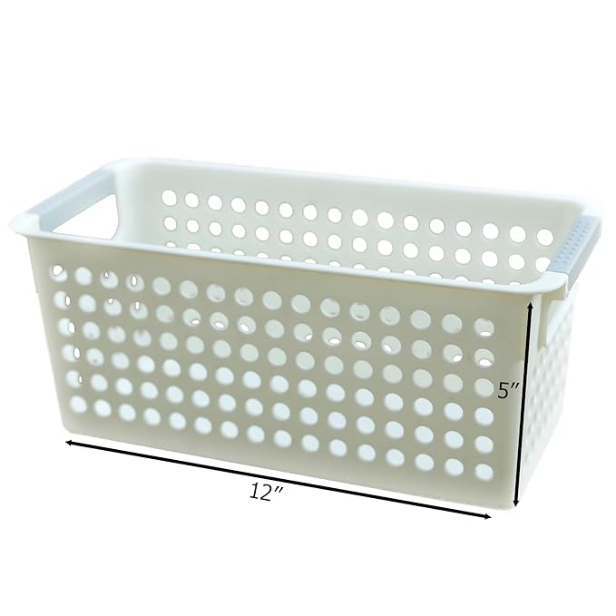 Basicwise Set of 3 White Rectangular Plastic Storage Basket with Easy-Grip Handles Ventilated Organizer Bin for Bathroom Pantry Closet Laundry Kitchen Shelf Countertop & Home Organization Essentials