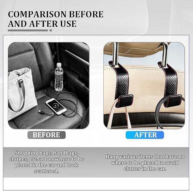 Osilly 2PCS Car Seat Headrest Hook, Leather Stylish Vehicle Backseat Hanger Organizer for Purse Handbag Umbrella, Auto Seat Back Hanging Storage Holder Hook, Universal for Vehicles (Carbon Fiber)