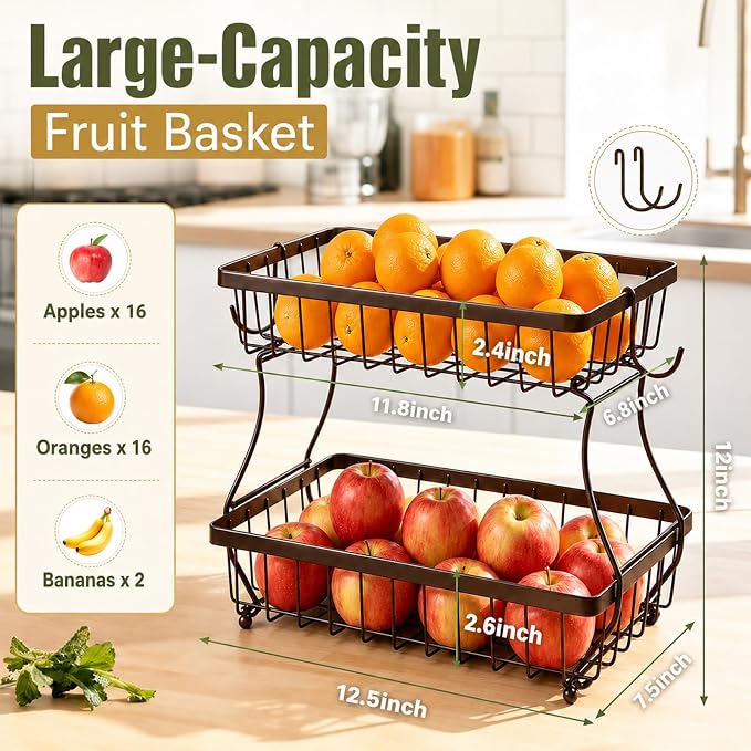 2-Tier Fruit Basket for Kitchen Counter with 2 Banana Hangers | Large Metal Fruit Bowl, Versatile Holder for Veggies, Produce Storage, 12.5"×7.5"×12"-Bronze