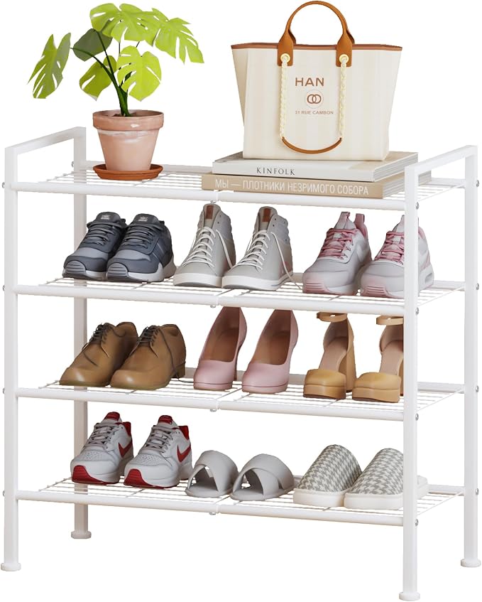 4-Tier Shoe Rack,Metal White Shoe Storage | Organizer Shelf for Closet,Entryway,Hallway,Dorm (White, 4 Tier)