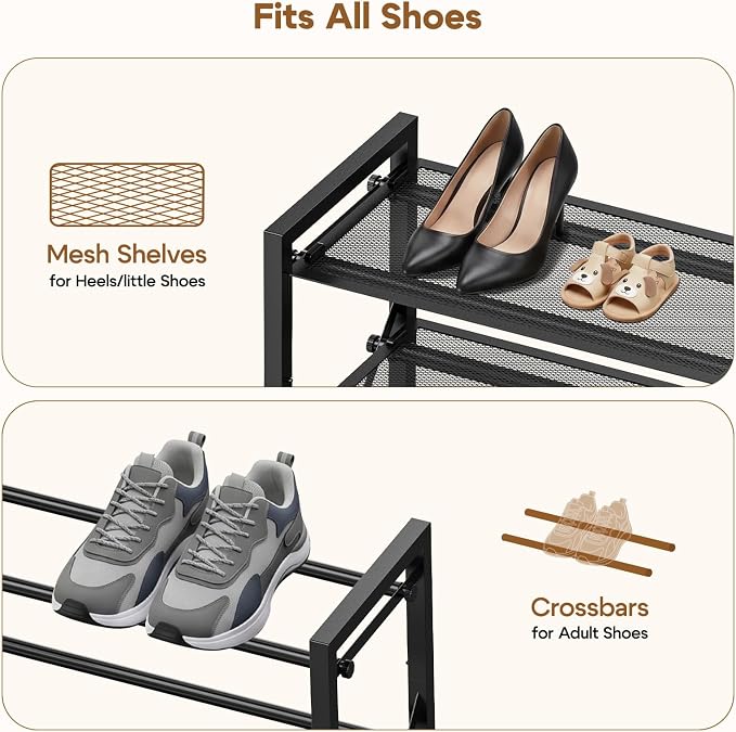 YEASHEIN 3-Tier Expandable Shoe Rack Organizer with Wire Mesh Shelf - Black | Sturdy Metal Shoe Shelf with 4-Tier Storage, Adjustable Shoe Stand, Free Standing Shoe Rack for Closet, Entryway, Garage