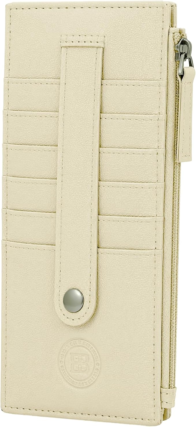 Leatherboss Genuine Leather Women's All in One Credit Business Card Case Holder Slim Zipper Wallet With a Card Protection Strap, Cream