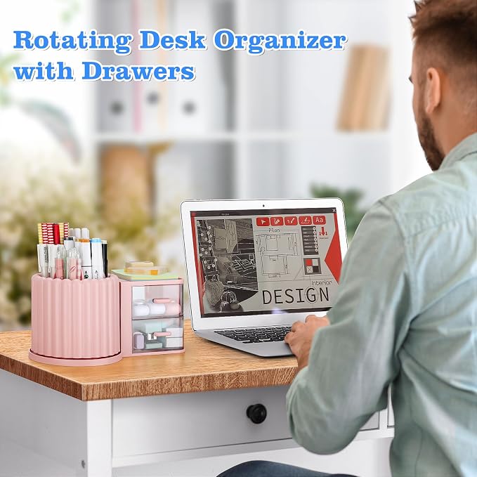 LETURE Rotating Office Desk Organizers and Accessories with 2 Drawer, Pencil Pen Marker Holder for Desk, Desktop Storage Organizers and Accessories for Office Home Art Supplies (Pink)