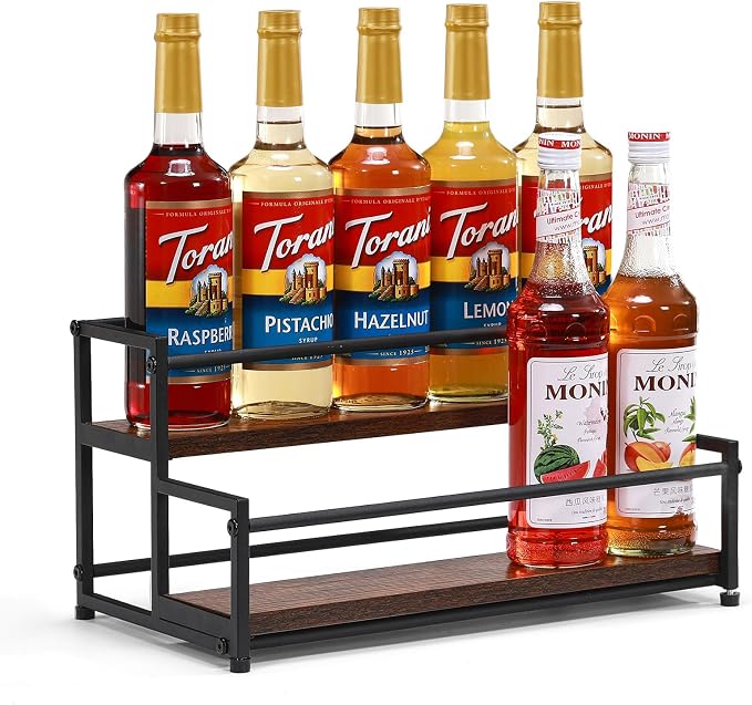 Coffee Syrup Rack Organizer, 2 Tier 10 Bottles Holder Stand for Bar | Coffee Syrup Liquor Bottle Display Shelf Bar Shelf Stand Countertop Rack for Syrup, Wine, Spice